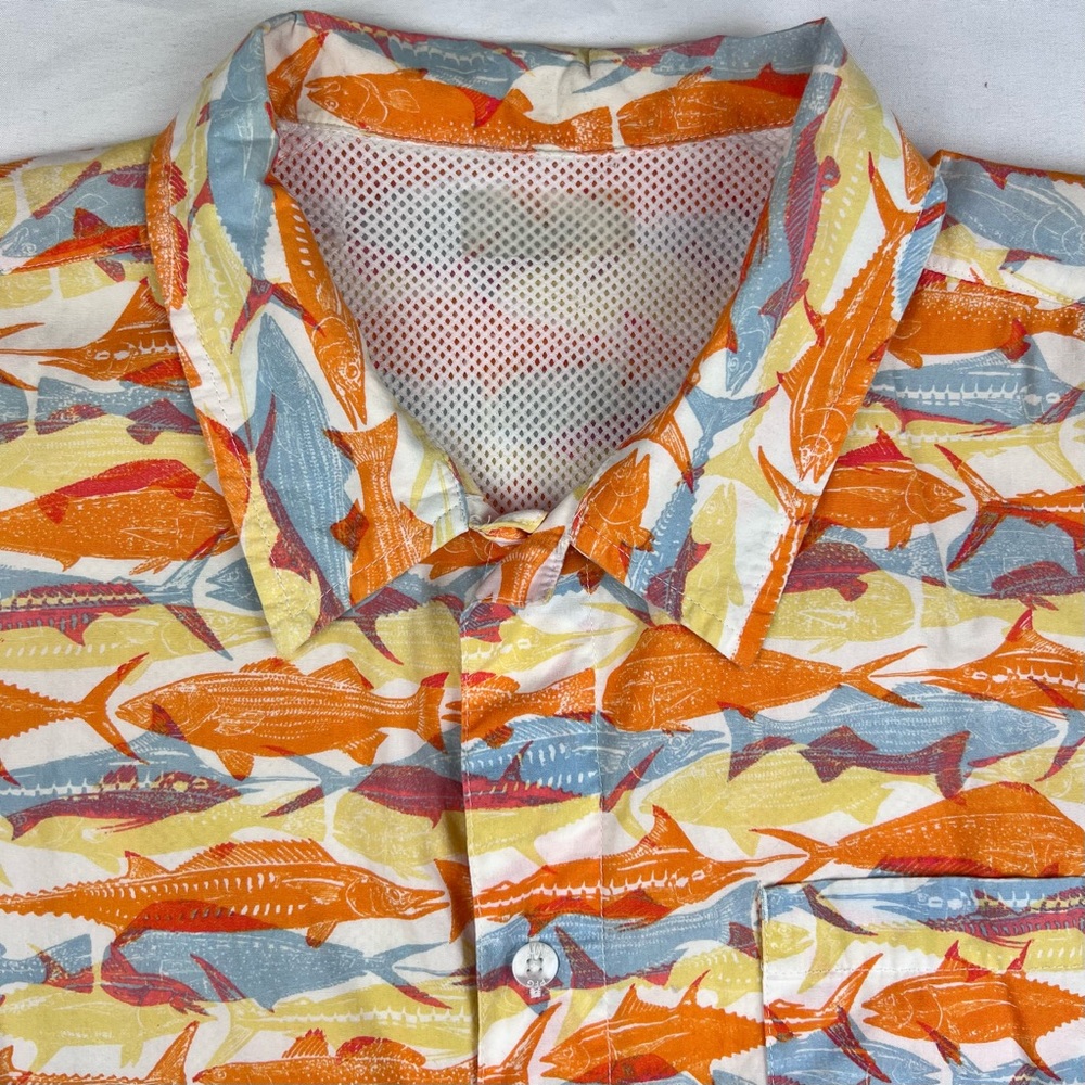Columbia PFG XL Orange Blue Fish Print Mesh Button Up Short Sleeve Shirt - Picture 2 of 9